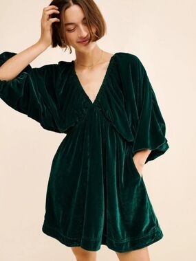 Free People Velvet Deep Green V-Neck Mini Dress